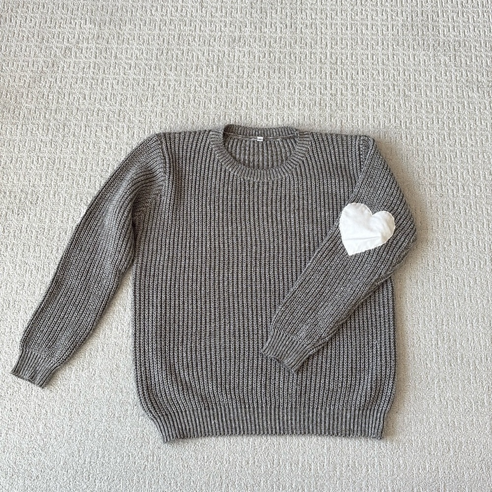 Grey Sweater w/White Heart Elbow Patch